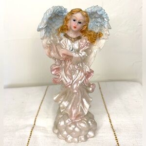 Pearlescent Pink Angel Figurine with Blue Wings Resin